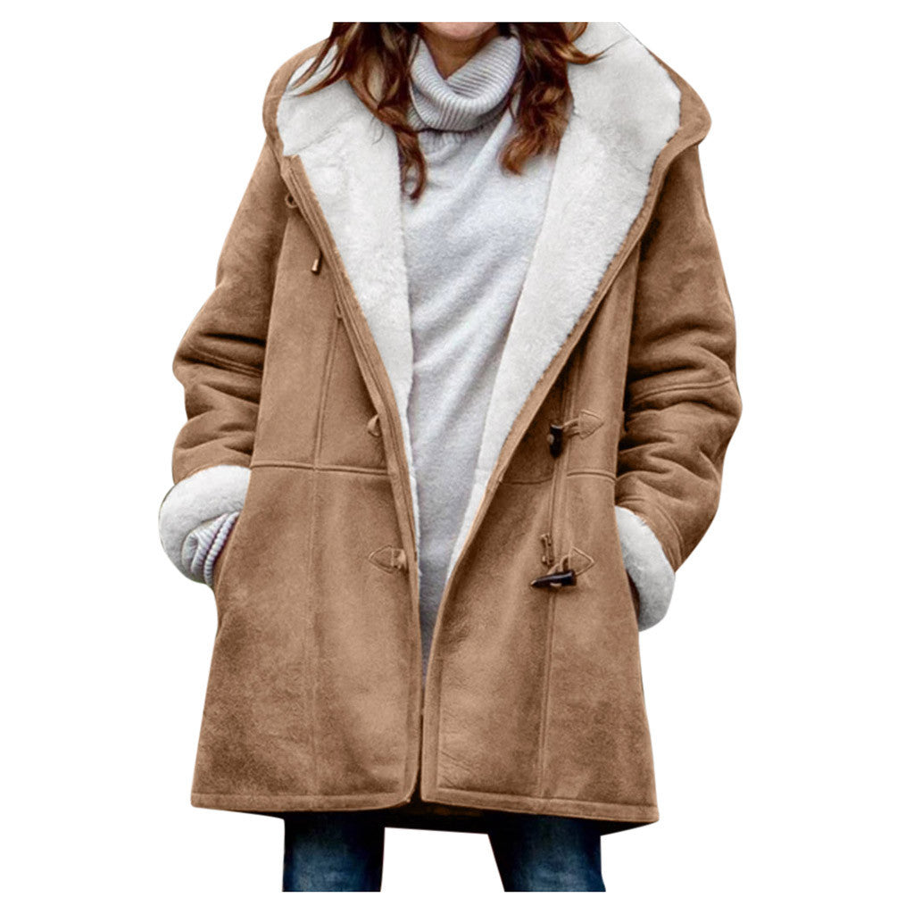 Winter Vintage Button Jackets Women's Warm Fleece Hooded Coat Casual Mid-Length Trench Top Outwear Clothing by DERILUJA LLC