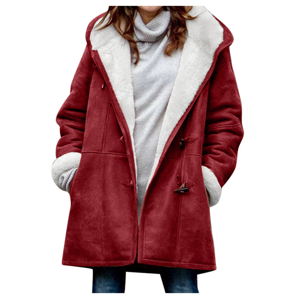 Winter Vintage Button Jackets Women's Warm Fleece Hooded Coat Casual Mid-Length Trench Top Outwear Clothing by DERILUJA LLC