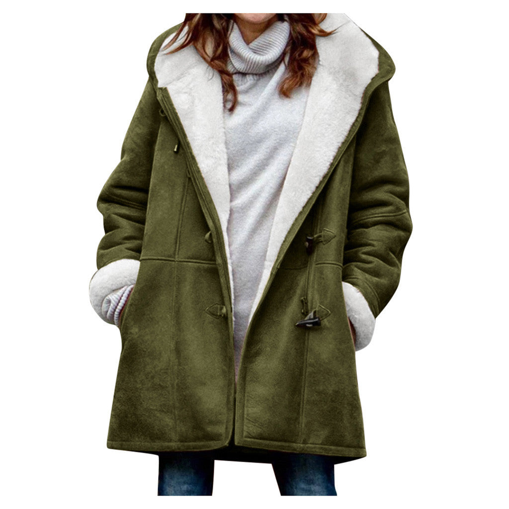 Winter Vintage Button Jackets Women's Warm Fleece Hooded Coat Casual Mid-Length Trench Top Outwear Clothing by DERILUJA LLC
