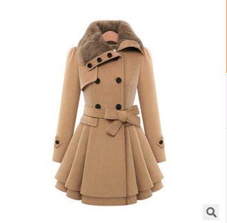 Women's Slim Mid-length Woolen Coat With Belt Thickened Double-breasted Padded Windbreaker Coat by My Store