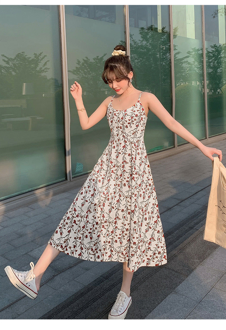 Floral strap dress women's waist slimming summer small fresh 2024 new long skirt foreign trade women's wholesale by DERILUJA LLC