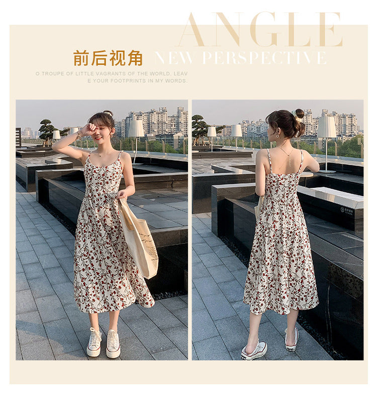 Floral strap dress women's waist slimming summer small fresh 2024 new long skirt foreign trade women's wholesale by DERILUJA LLC
