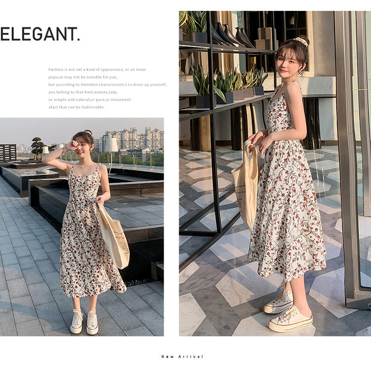 Floral strap dress women's waist slimming summer small fresh 2024 new long skirt foreign trade women's wholesale by DERILUJA LLC