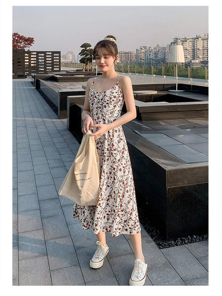 Floral strap dress women's waist slimming summer small fresh 2024 new long skirt foreign trade women's wholesale by DERILUJA LLC