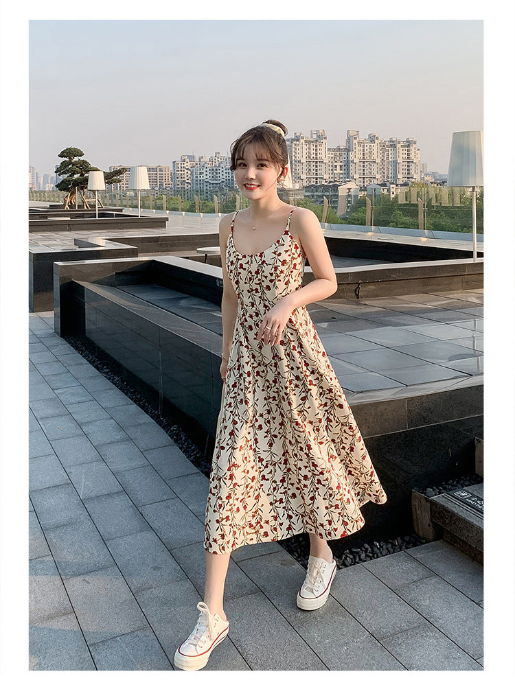 Floral strap dress women's waist slimming summer small fresh 2024 new long skirt foreign trade women's wholesale by DERILUJA LLC