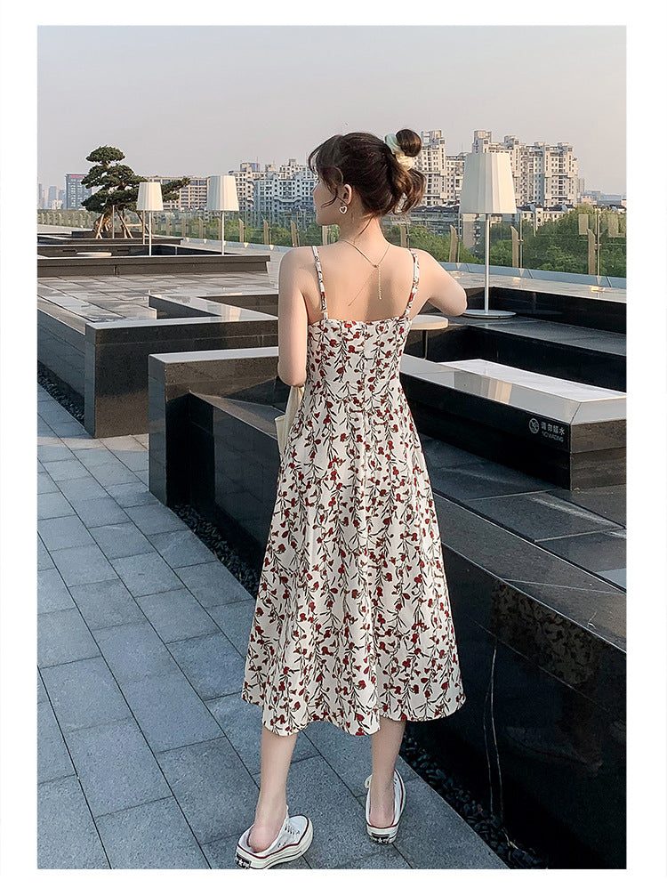 Floral strap dress women's waist slimming summer small fresh 2024 new long skirt foreign trade women's wholesale by DERILUJA LLC