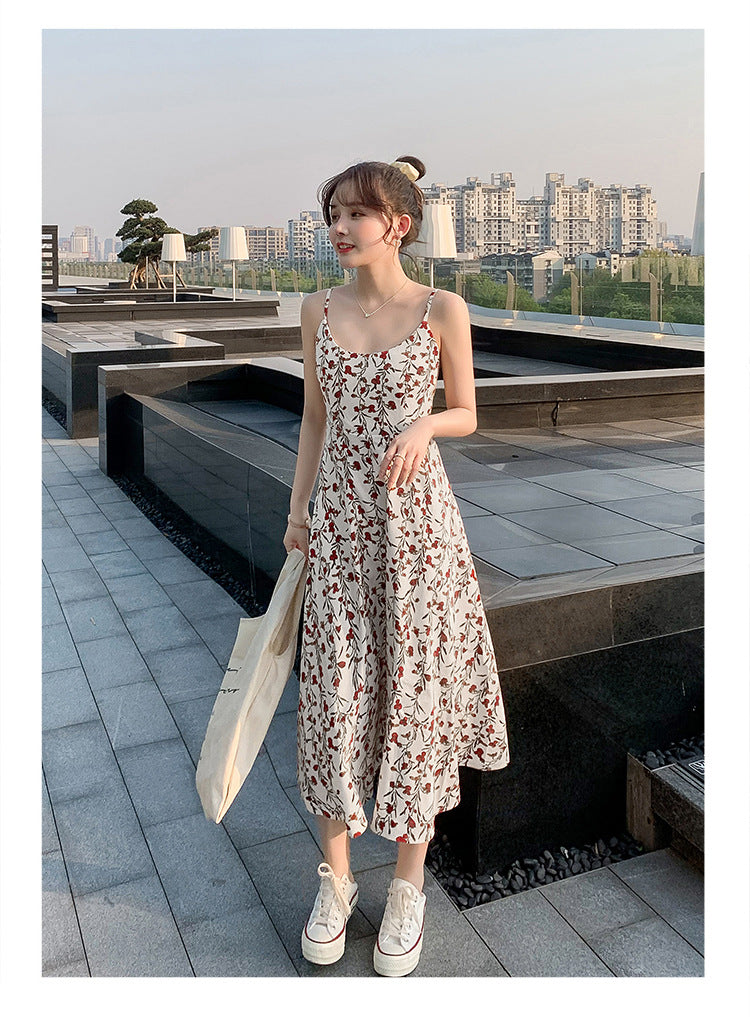 Floral strap dress women's waist slimming summer small fresh 2024 new long skirt foreign trade women's wholesale by DERILUJA LLC
