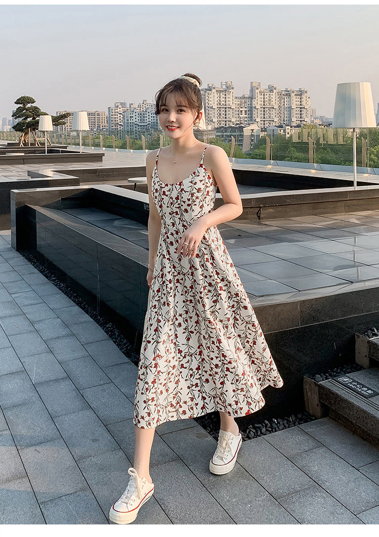 Floral strap dress women's waist slimming summer small fresh 2024 new long skirt foreign trade women's wholesale by DERILUJA LLC