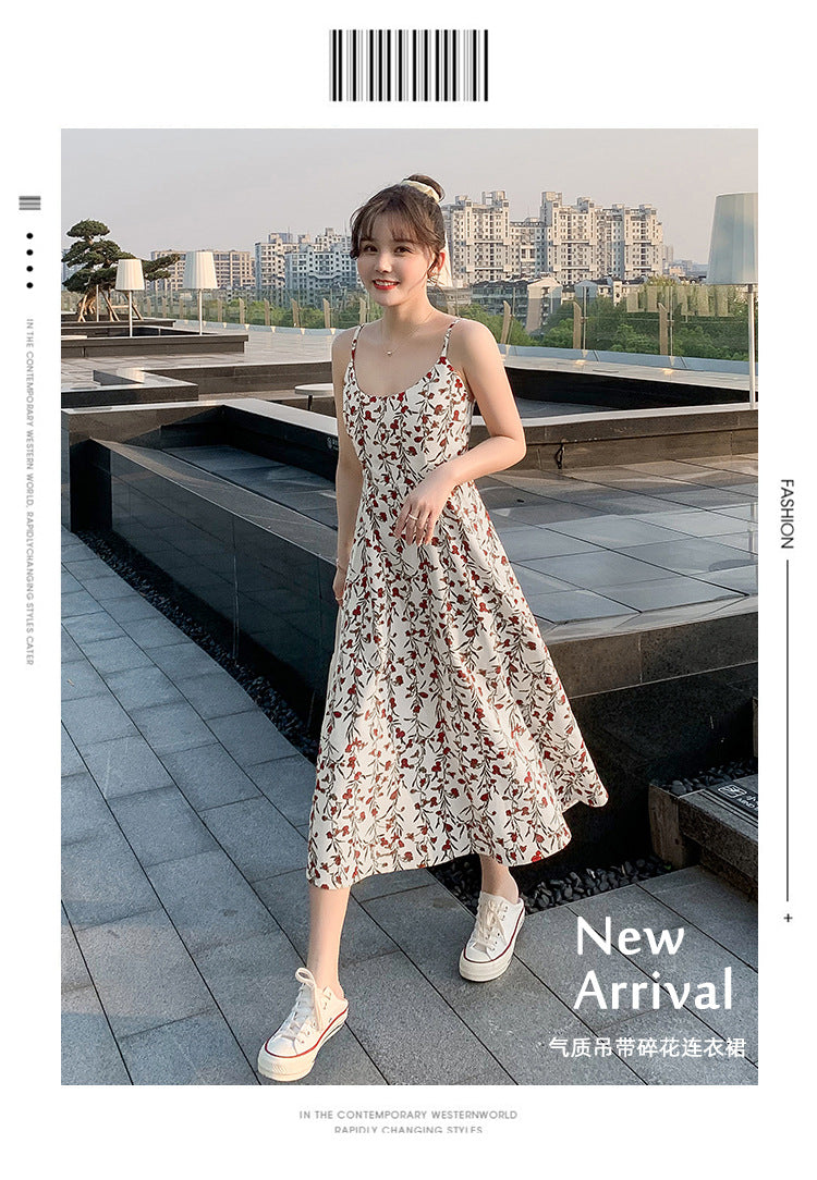 Floral strap dress women's waist slimming summer small fresh 2024 new long skirt foreign trade women's wholesale by DERILUJA LLC