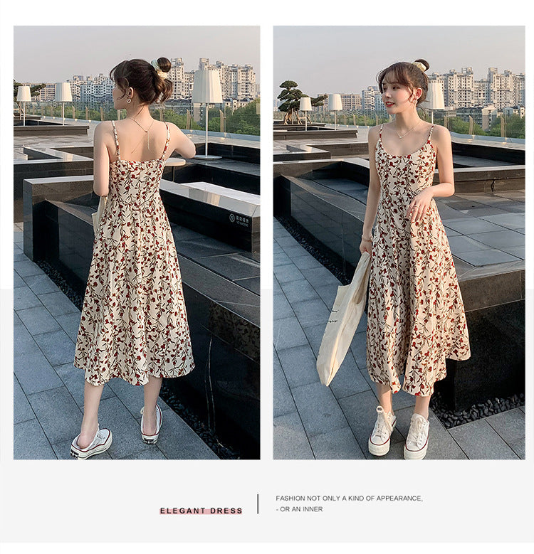 Floral strap dress women's waist slimming summer small fresh 2024 new long skirt foreign trade women's wholesale by DERILUJA LLC