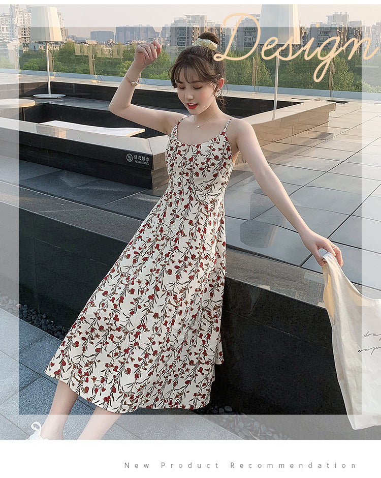 Floral strap dress women's waist slimming summer small fresh 2024 new long skirt foreign trade women's wholesale by DERILUJA LLC