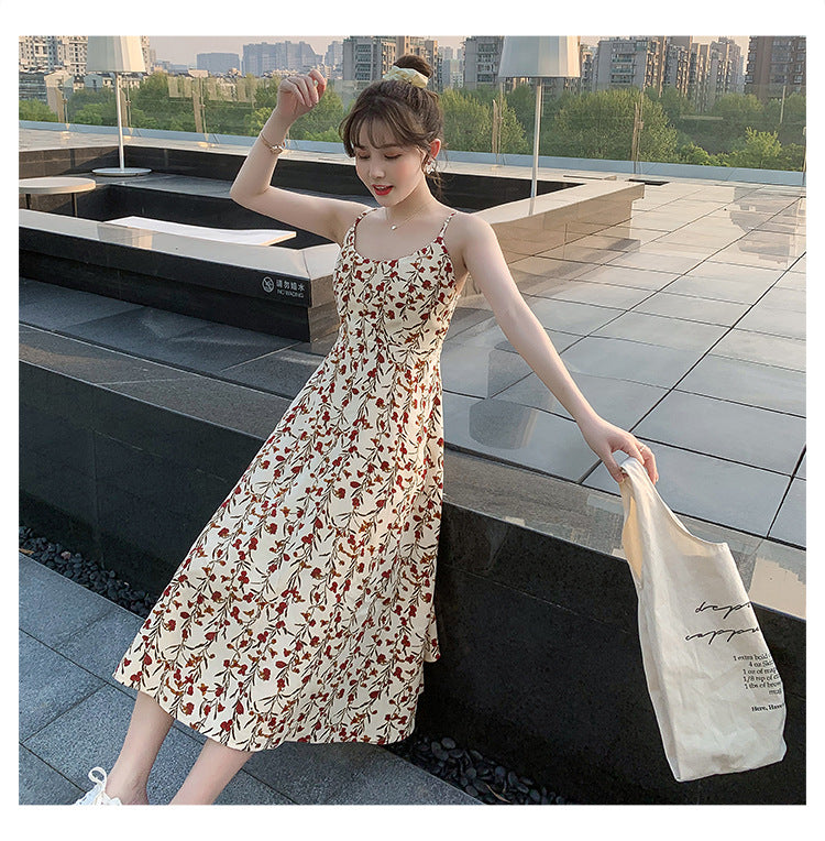 Floral strap dress women's waist slimming summer small fresh 2024 new long skirt foreign trade women's wholesale by DERILUJA LLC