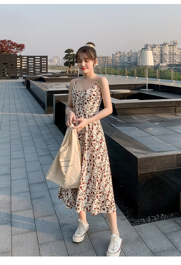 Floral strap dress women's waist slimming summer small fresh 2024 new long skirt foreign trade women's wholesale by DERILUJA LLC