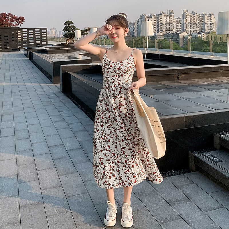 Floral strap dress women's waist slimming summer small fresh 2024 new long skirt foreign trade women's wholesale by DERILUJA LLC