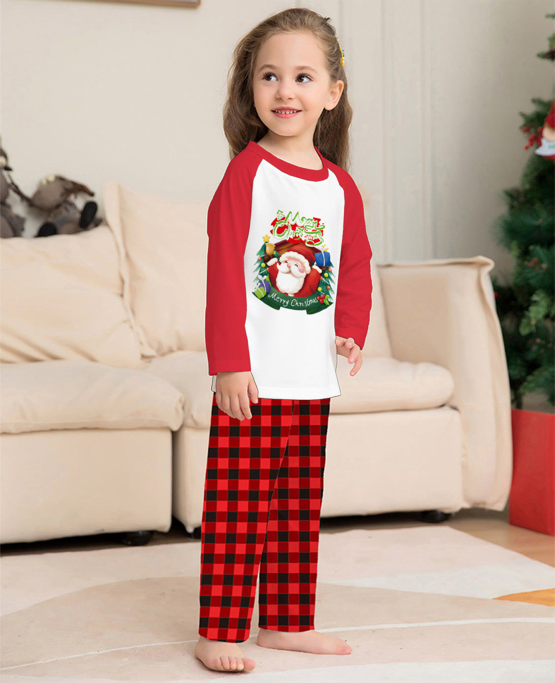 Christmas Parent-Child Clothes Set Long Sleeve T-Shirt Plaid Pants Family Matching Pajamas by My Store