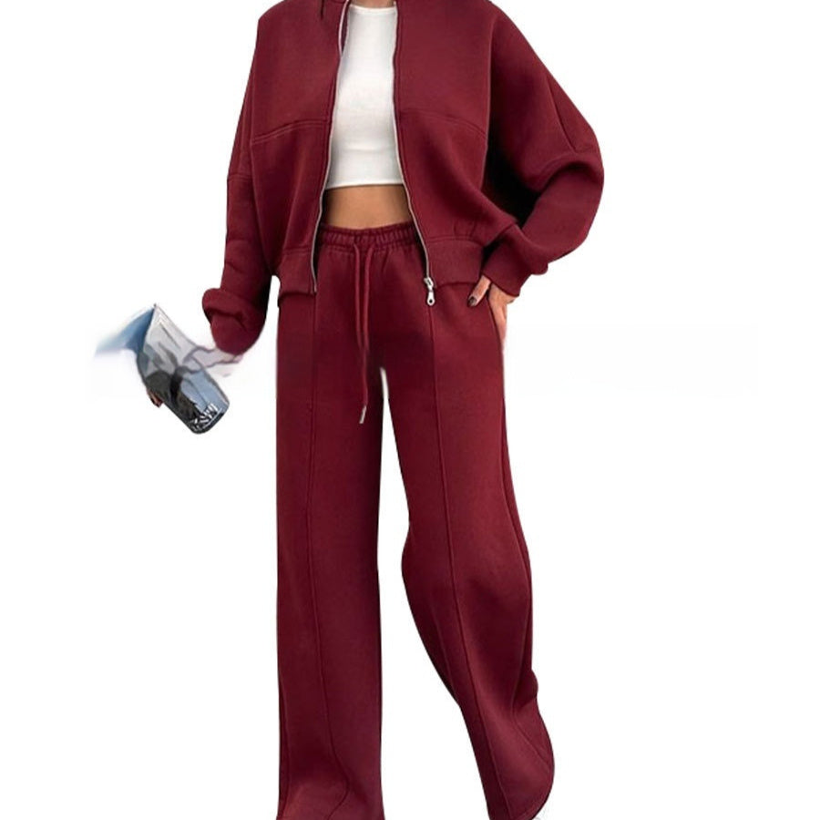 Women's Sports Suits Zipper Jacket And Wide Leg Pants Two-piece Set by My Store