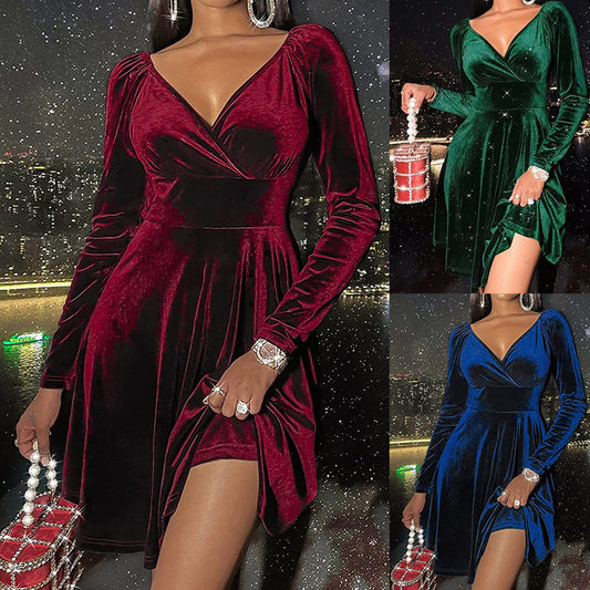 Autumn Festival Christmas Long Sleeve V-neck Dress by Badon Shop LLC