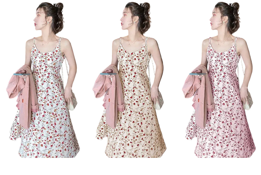 Floral strap dress women's waist slimming summer small fresh 2024 new long skirt foreign trade women's wholesale by DERILUJA LLC