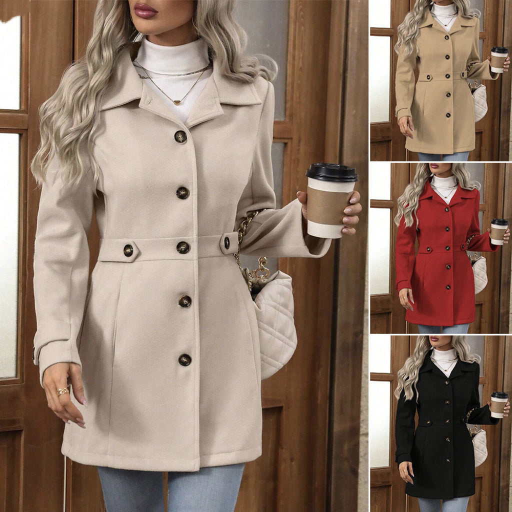 Elegant Single-breasted Woolen Coat Buttons Lapel Mid-length Jacket Temperament Commuter Outwear Clothing For Women by DERILUJA LLC