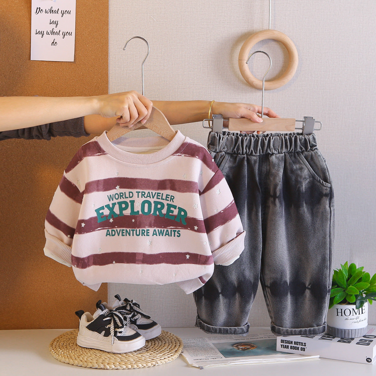 Spring and Autumn striped letter round neck long sleeved two-piece set by eprolo