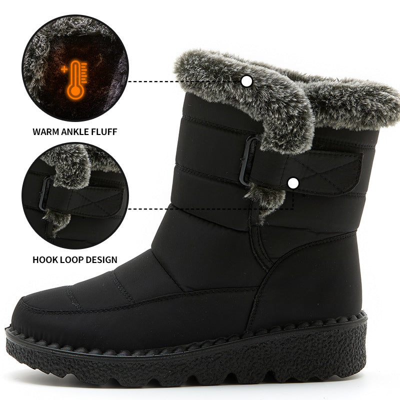Snow Boots Winter Warm Hook And Loop Fastener Plush Shoes Women Waterproof Low Heels Platform Ankle Boots by My Store