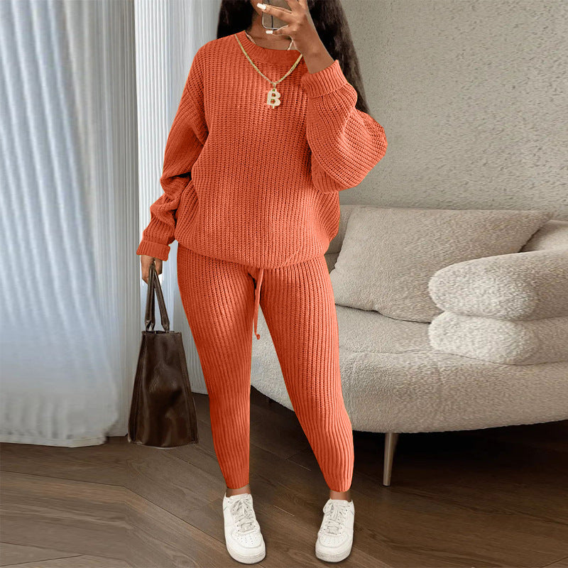 Winter Ribbed Knit Suits Fashion Loose Pullover Sweater Top And Drawstring Pants For Women Trouser Set Clothing by My Store