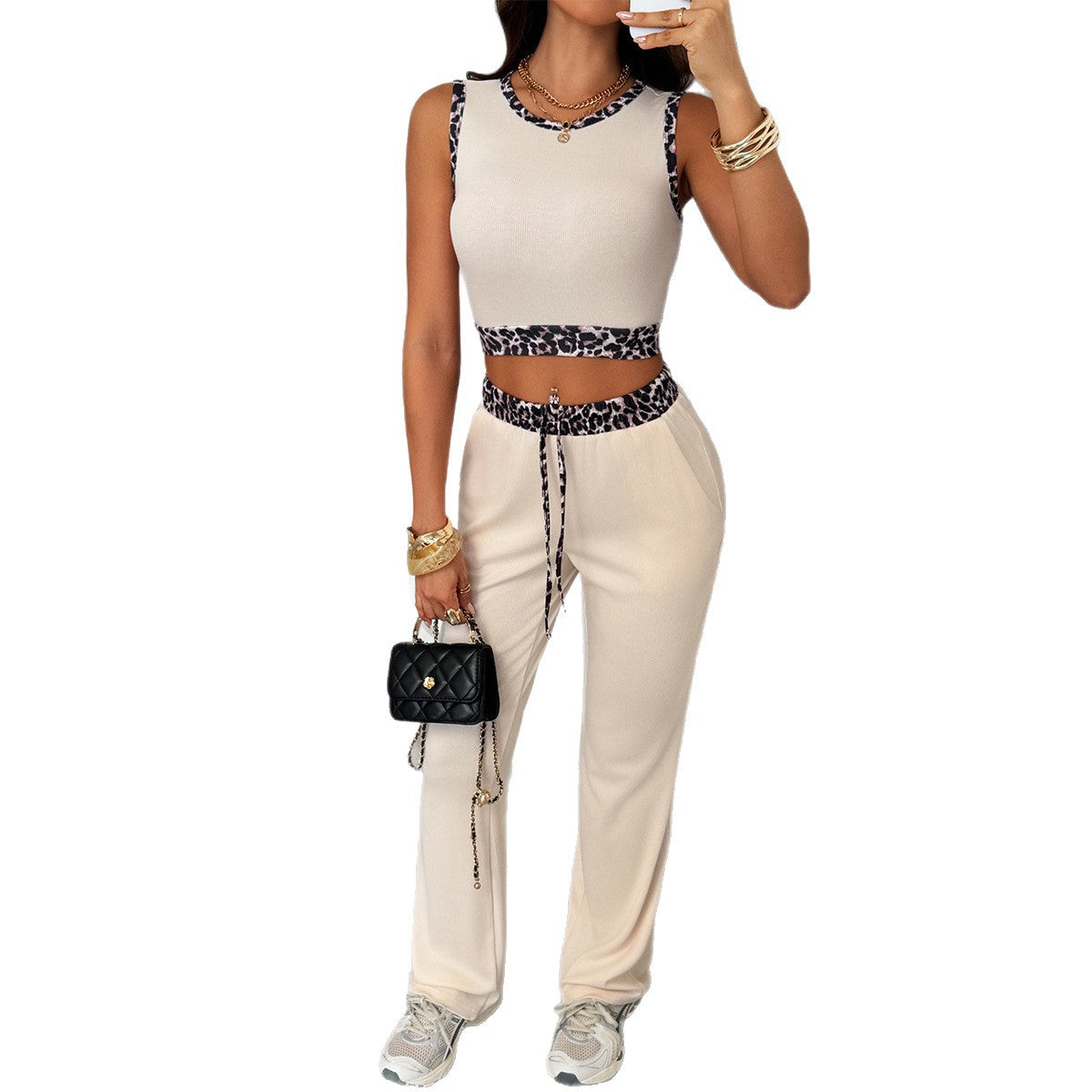 Leopard print vest long pants two-piece set for women's clothing by eprolo