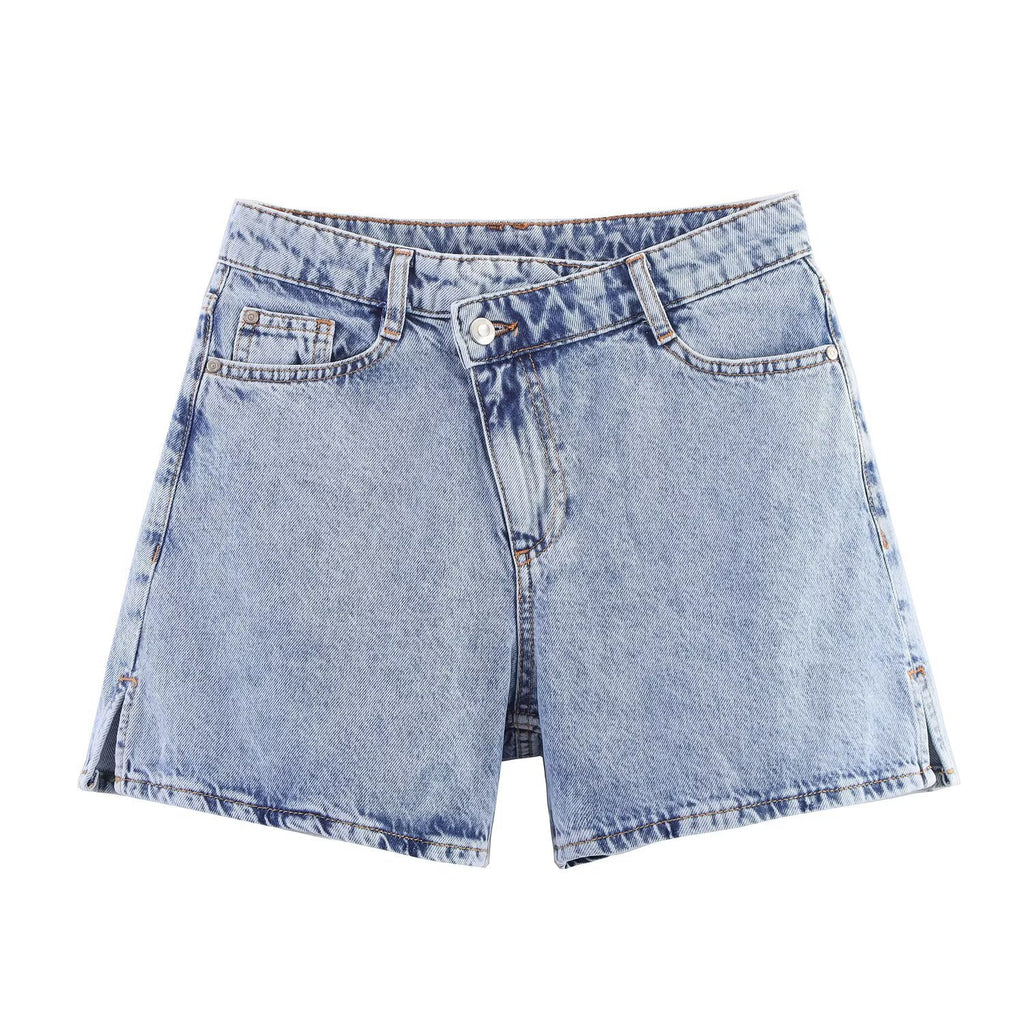 High waisted double breasted denim shorts