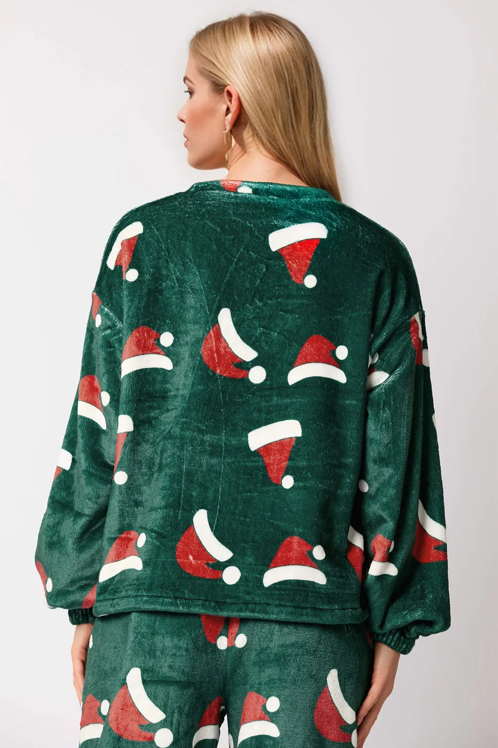 Christmas Hat Pattern Round Neck Long Sleeve Top and Pants Set by eprolo