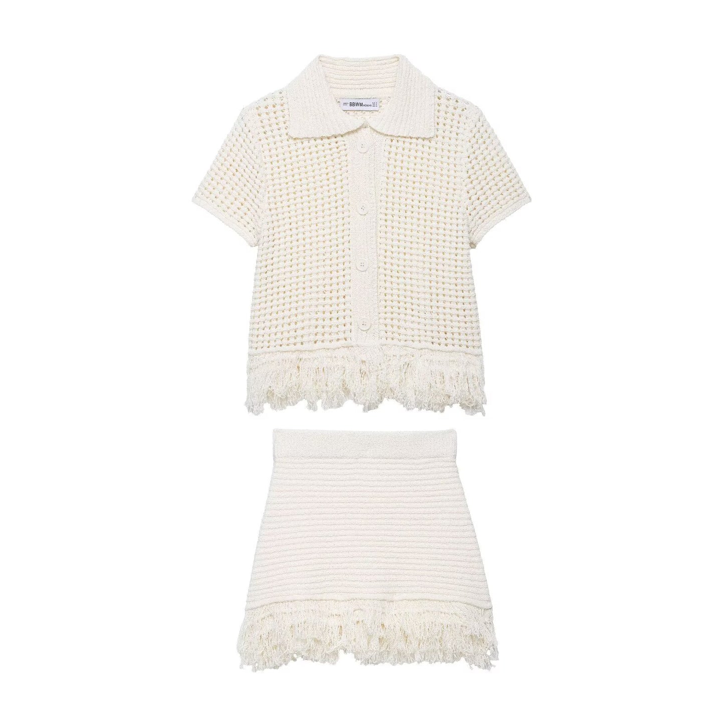 Tassel embellished plaid knitted jacket+half skirt set by eprolo