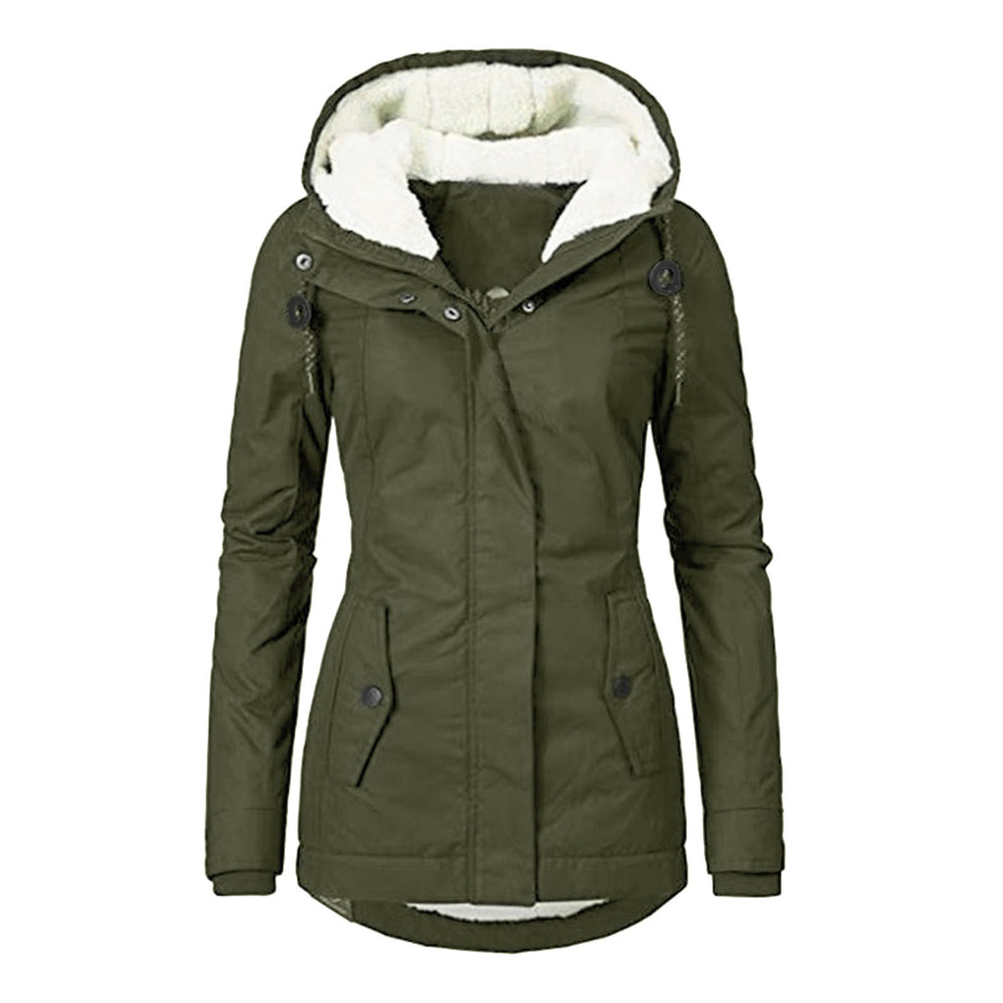 Winter Hooded Jacket Solid Color Warm Buckle Zip-up Fleece Jacket With Pockets Women's Casual Jacket by My Store