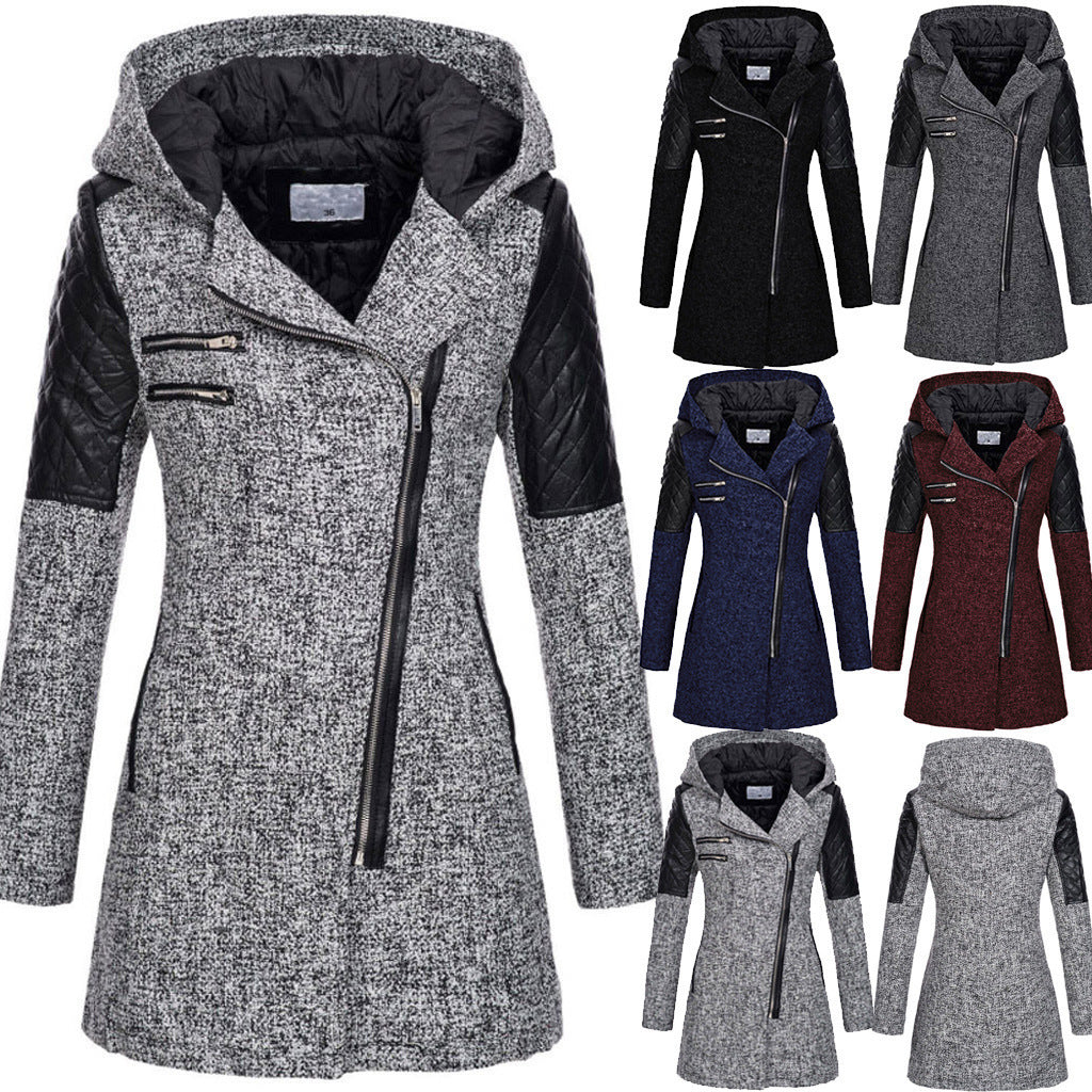 Women Warm Slim Full Zipper Coat Thick Woolen Coat Female Fall Winter Windbreaker Hooded Diagonal Zipper Women's Clothing by My Store