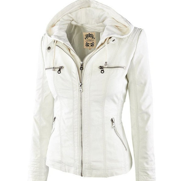 Women's Detachable Lapel Long Sleeve Solid Color Zipper Leather Jacket Coat by My Store