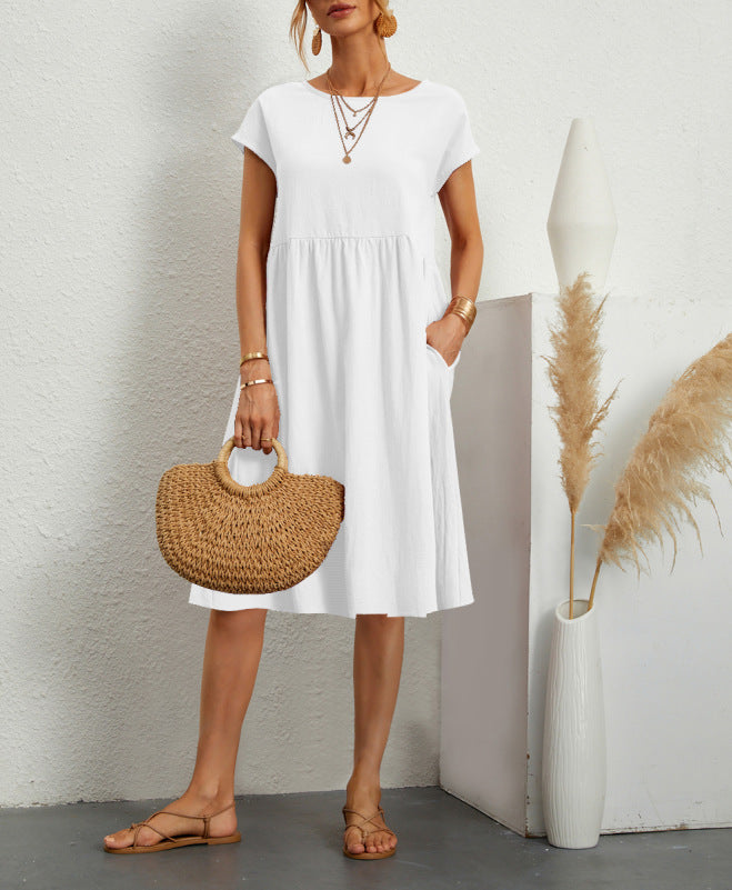 Summer Short-sleeved Dress With Pockets Fashion Solid Round Neck A-line Dresses For Women Clothing by DERILUJA LLC