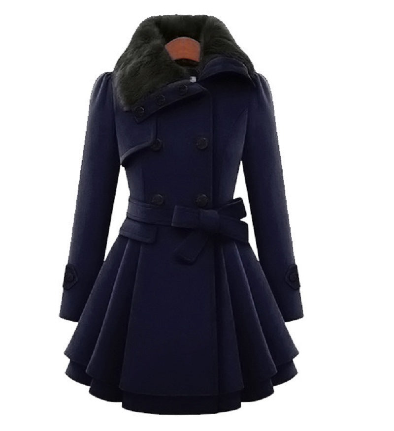 Women's Slim Mid-length Woolen Coat With Belt Thickened Double-breasted Padded Windbreaker Coat by My Store