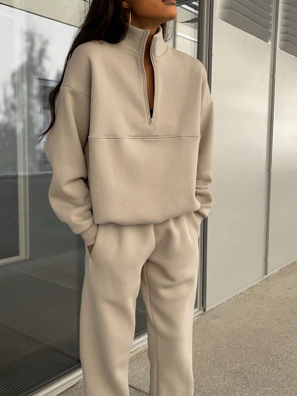 Long-sleeved Sports Sweatshirt Suit Fashion Stand-up Collar Zip-up Top And Elastic Band Trousers With Pocket Srping Fall Clothing For Women by DERILUJA LLC