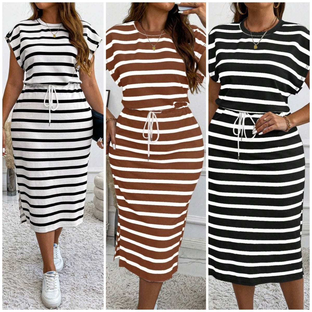 Round Neck Printed Tether Short Sleeve Dress by DERILUJA LLC