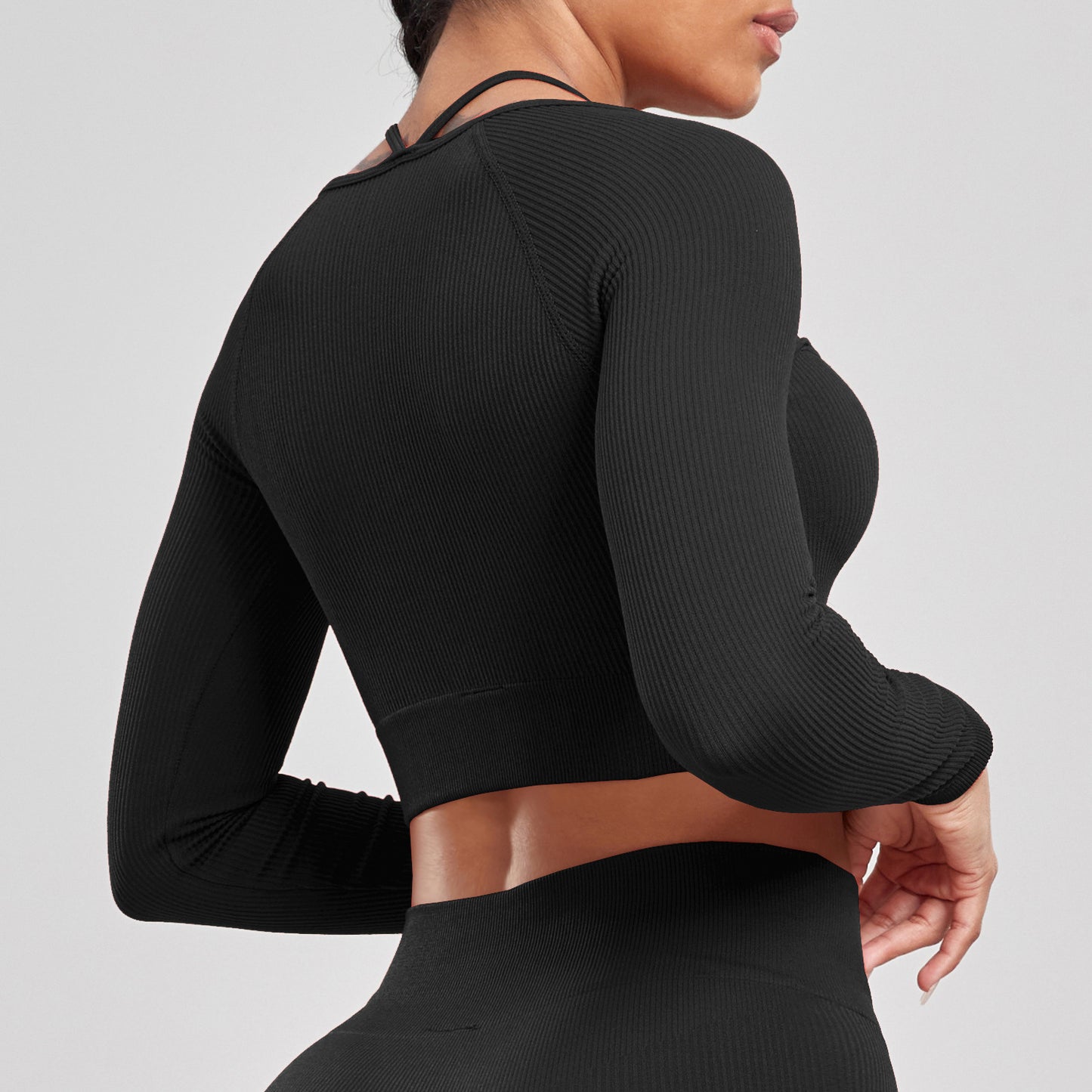 Sports Running Seamless Ribbed Long Sleeve Yoga Fitness Set, Bodycon High-Waisted Backless T-Shirt, Quick-Dry Workout Apparel by eprolo
