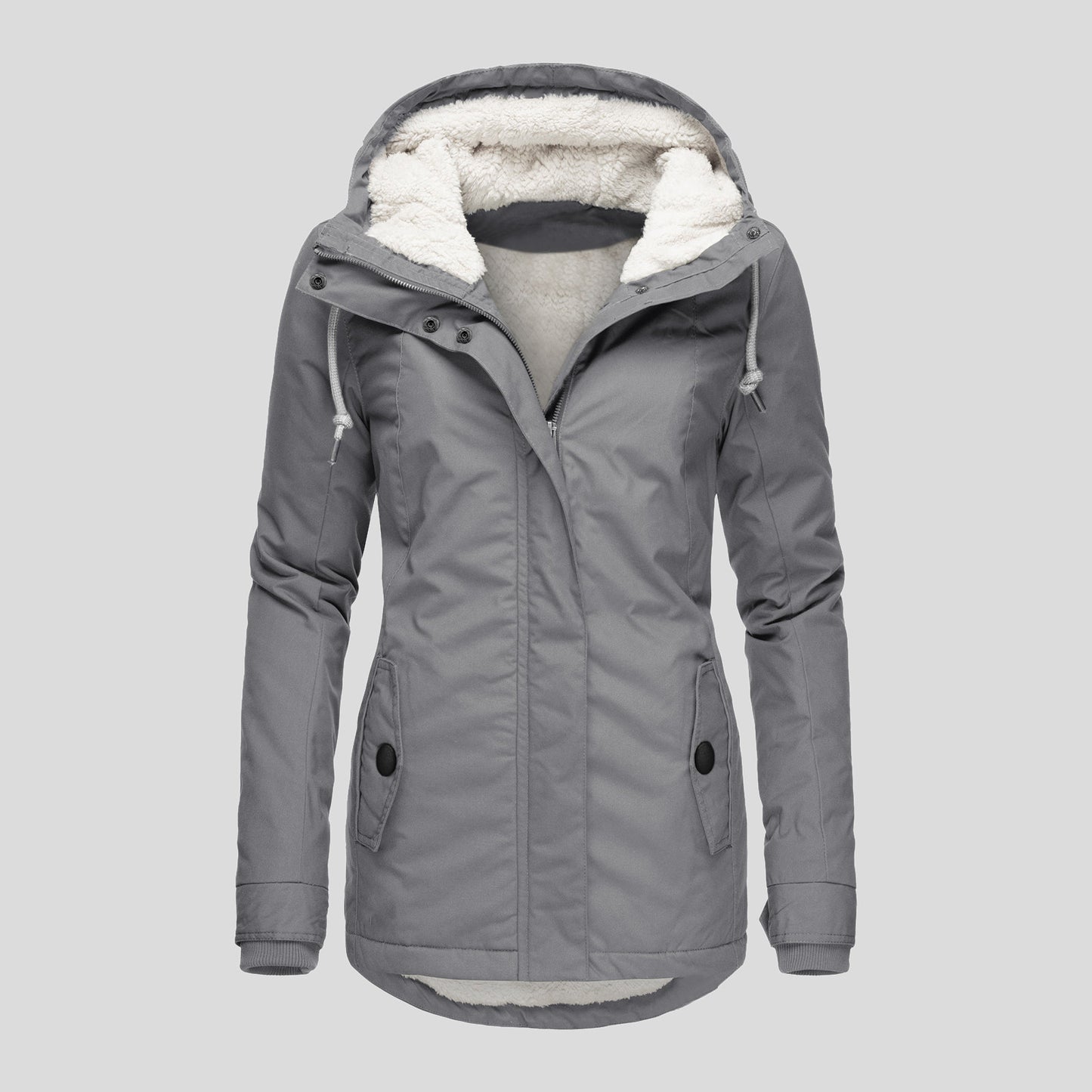 Winter Hooded Jacket Solid Color Warm Buckle Zip-up Fleece Jacket With Pockets Women's Casual Jacket by My Store