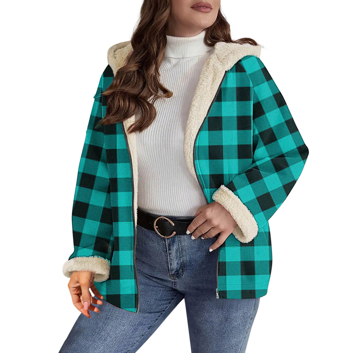 AutumnWinter Plaid Shearling Jacket Fluffy Coat by DERILUJA LLC