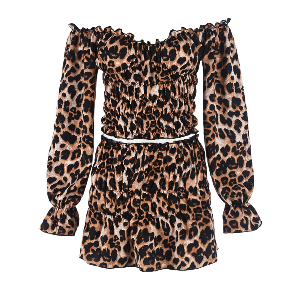 Black spotted leopard print long sleeved short skirt two-piece set for women by eprolo