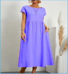 Summer Short-sleeved Dress With Pockets Fashion Solid Round Neck A-line Dresses For Women Clothing by DERILUJA LLC