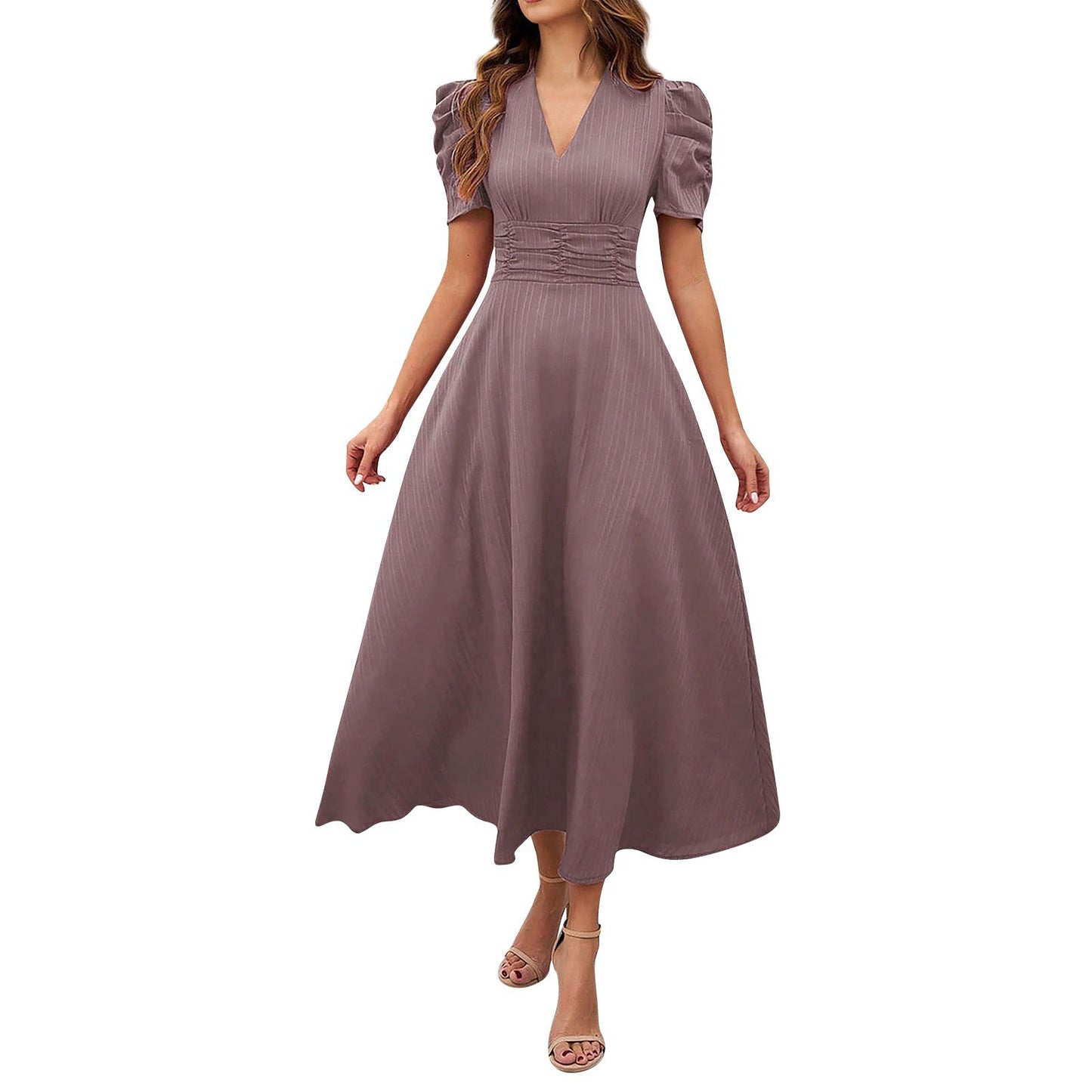 2026 Cross-Border Spring Summer Amazon Women's Fashionable And Elegant High-Waisted Solid Color Waist-Cinching Short-Sleeve Dress by DERILUJA LLC