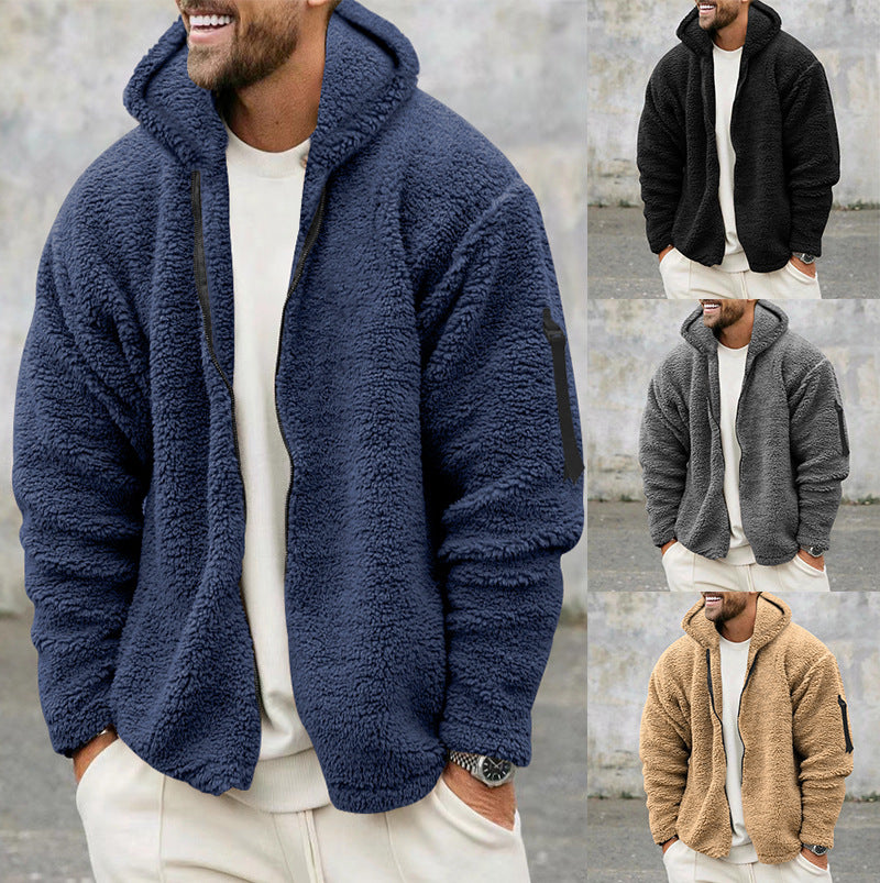 Plush Hooded Jacket Men's Autumn And Winter Fleece Double-sided Wear Warm Coat With Zipper Loose Casual Jacket Outdoor Clothing by DERILUJA LLC