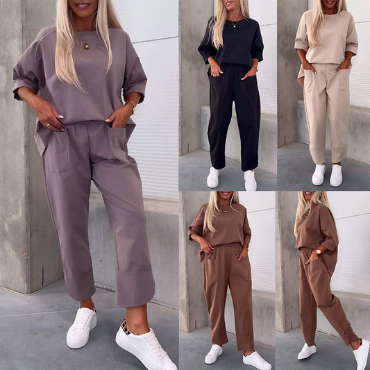 Two-piece Solid Color Round Neck Cropped Pants Set by My Store