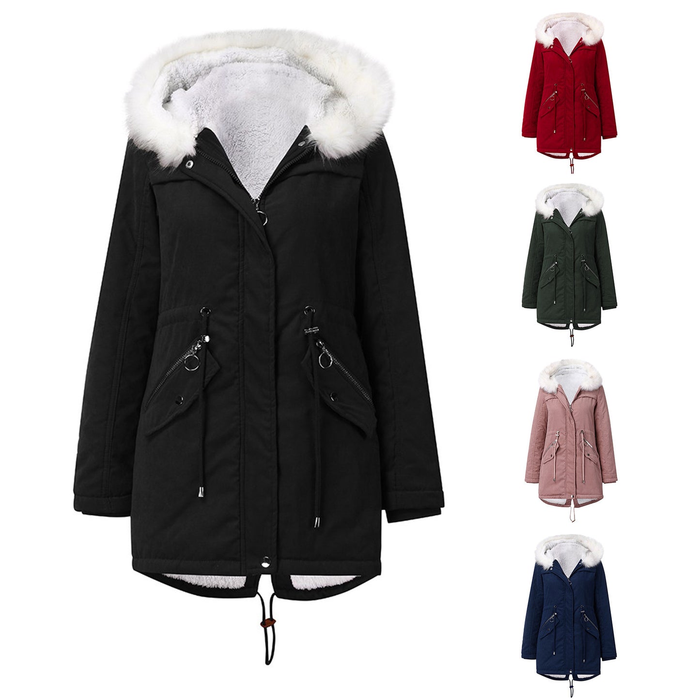 Women's Cotton-padded Coat White Fur Collar Parka by My Store