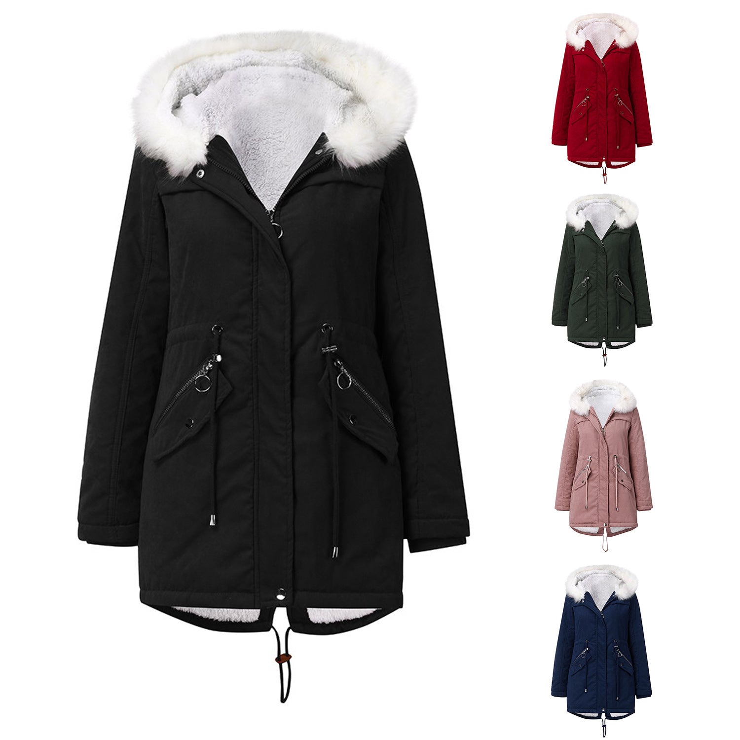 Women's Cotton-padded Coat White Fur Collar Parka by My Store