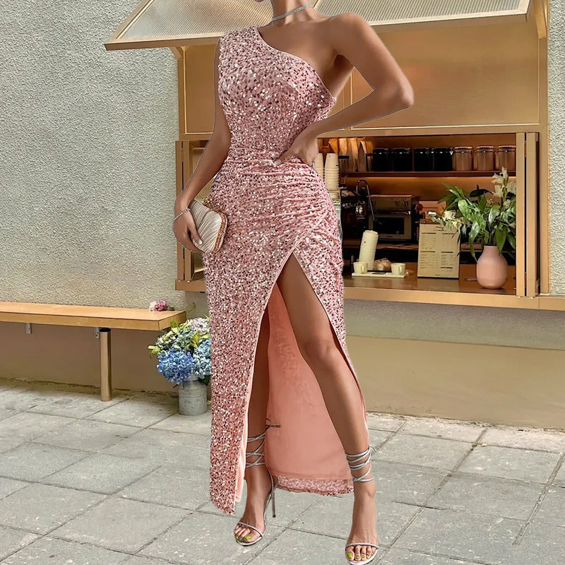 Elegant Sequined Shoulder Split Solid Color Dress Slim Club Party Dress Casual Asymmetric Sleeveless Long Dress by DERILUJA LLC