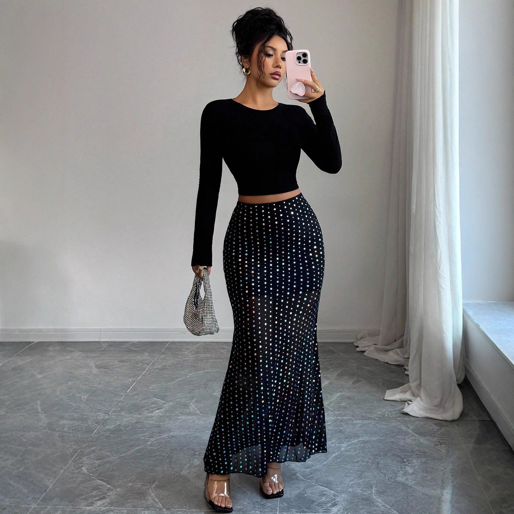 Shimmery Sequin Doublelayer Mesh Highwaist Figurehugging Hipskimming Skirt by DERILUJA LLC