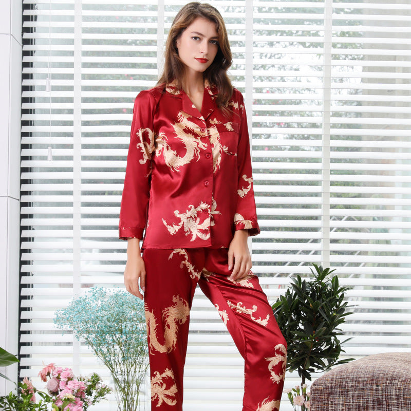 Simulated silk couple sleepwear new long sleeved set men's and women's V-neck silk printed dragon and phoenix home clothes by eprolo